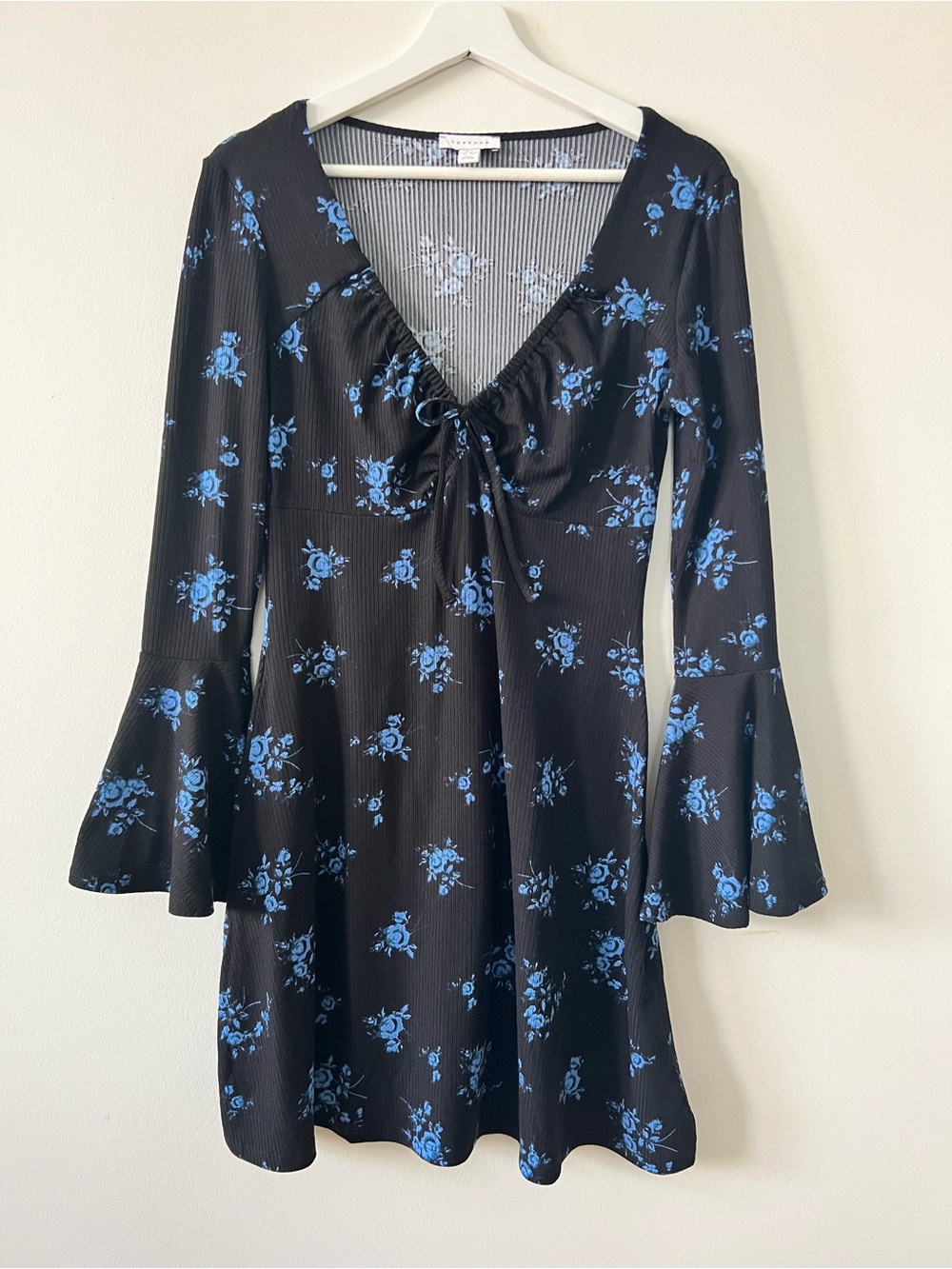 Topshop Blue Floral Ribbed Tie Front Bell Sleeve Mini Dress US Women’s 4-6